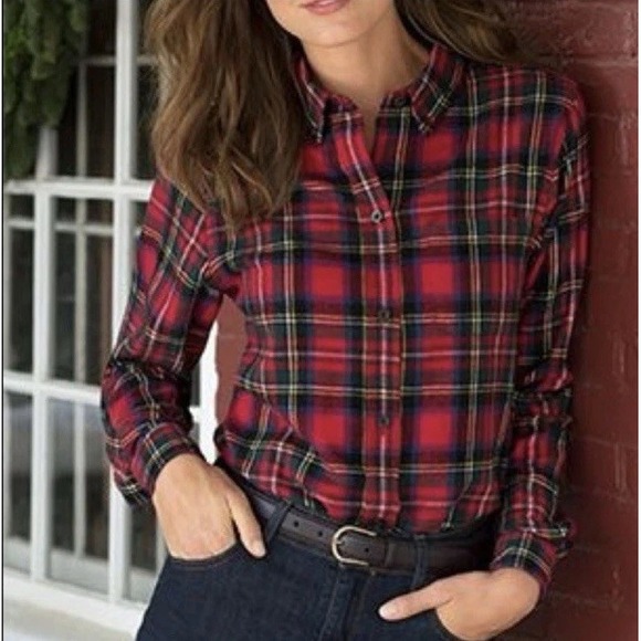 LL Bean Women's Red Scotch Plaid Flannel Button‎ Front Shirt Size LARGE - Picture 1 of 12